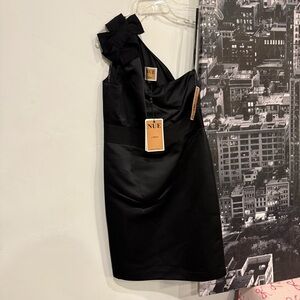 NUE by Shani S147 Black One Shoulder Satin Sheath Dress NWT $290